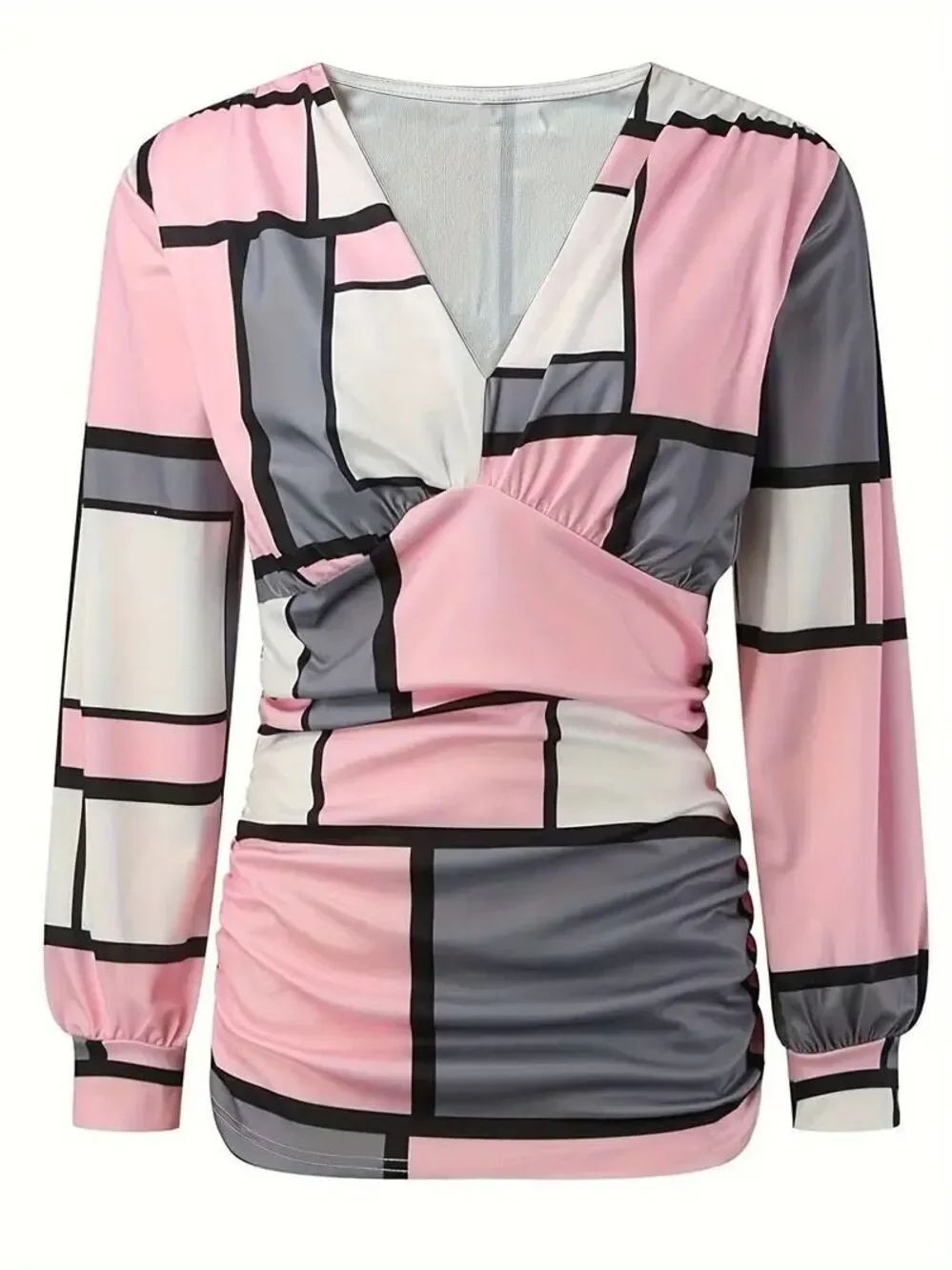 NWOT Senzat Geometric V-neck Long Sleeve Tunic Mini Dress Pink Gray Small